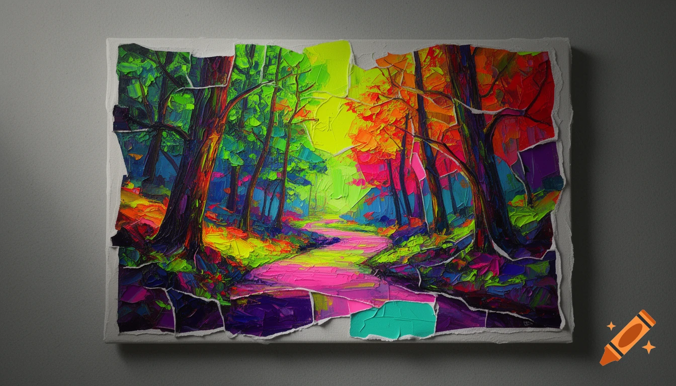 Vibrant neon oil painting of a forest path, rendered as a torn paper collage with impasto texture.