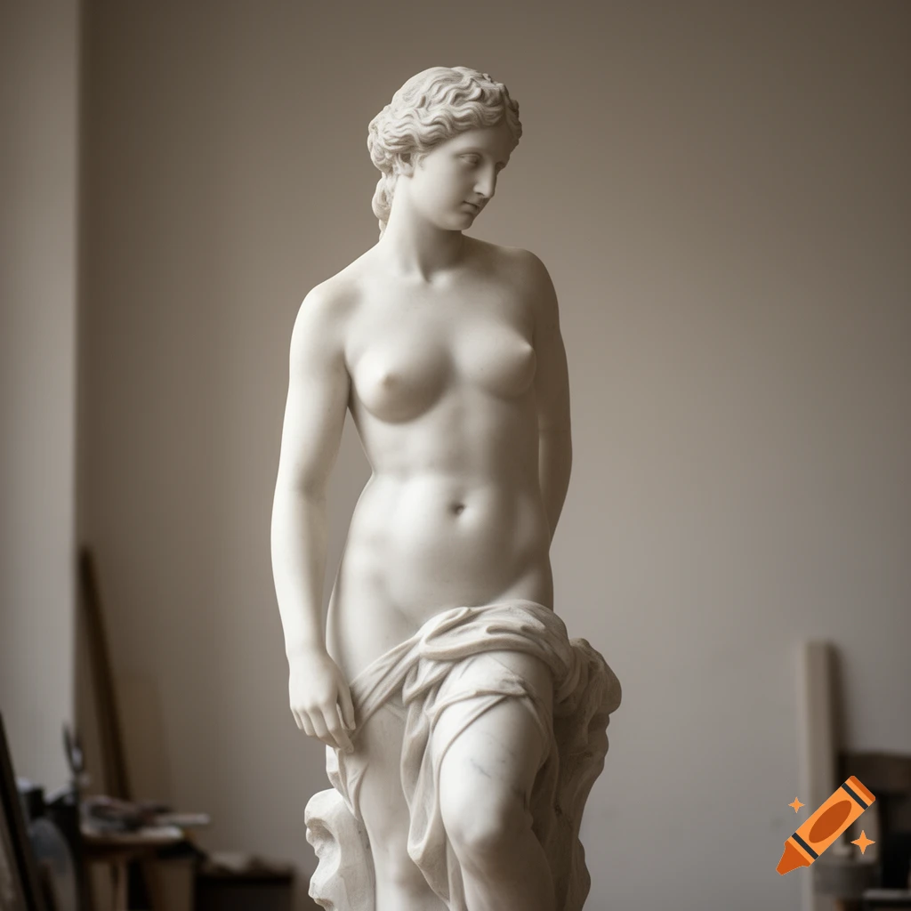 A photorealistic classical marble statue of a nude woman draped in cloth, standing in an art studio.