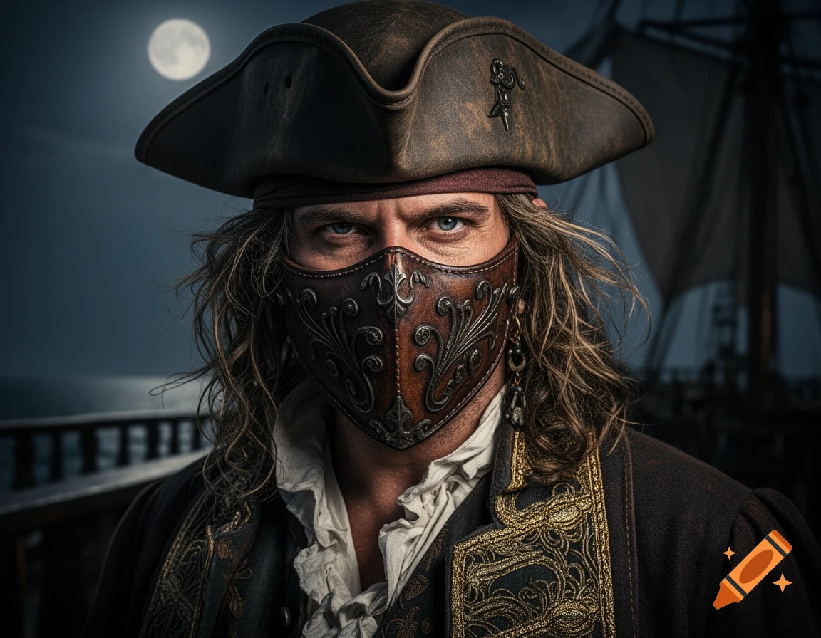 Close-up photorealistic portrait of a rugged pirate with long hair, an ornate leather mask, and a tricorn hat under a full moon.