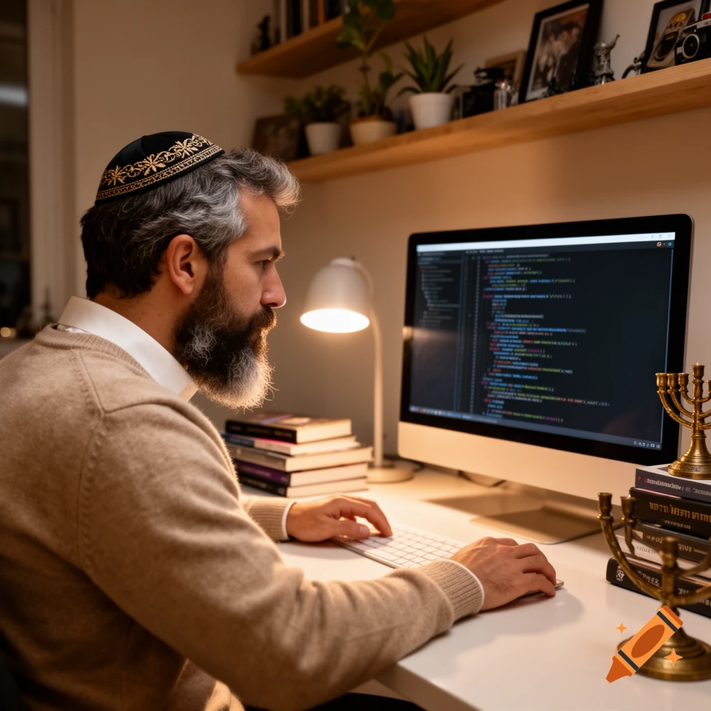 A bearded Jewish man in a yarmulke intently coding at a computer in a warm-lit home office, with books and a menorah nearby.