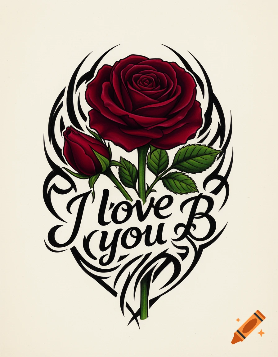 A custom tattoo design featuring a deep crimson rose with a bud, surrounded by black tribal flourishes, with "I love you B" in script.