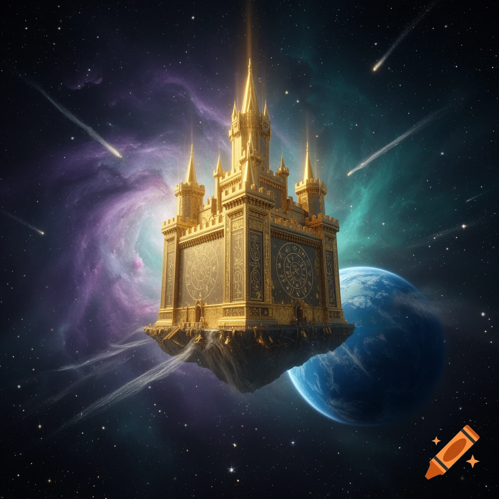 A majestic golden square castle floats in deep space with Earth, nebulae, and shooting stars in the background, digital art.