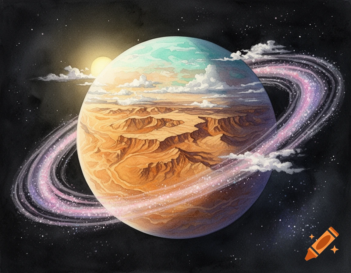 Watercolor painting of a desert planet with luminous rings, illuminated by a sun against a dark starry space.