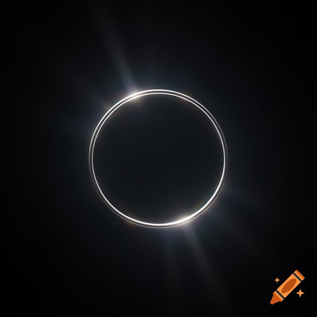 A bright, glowing white ring on a black background, with light rays emanating, like a solar eclipse.
