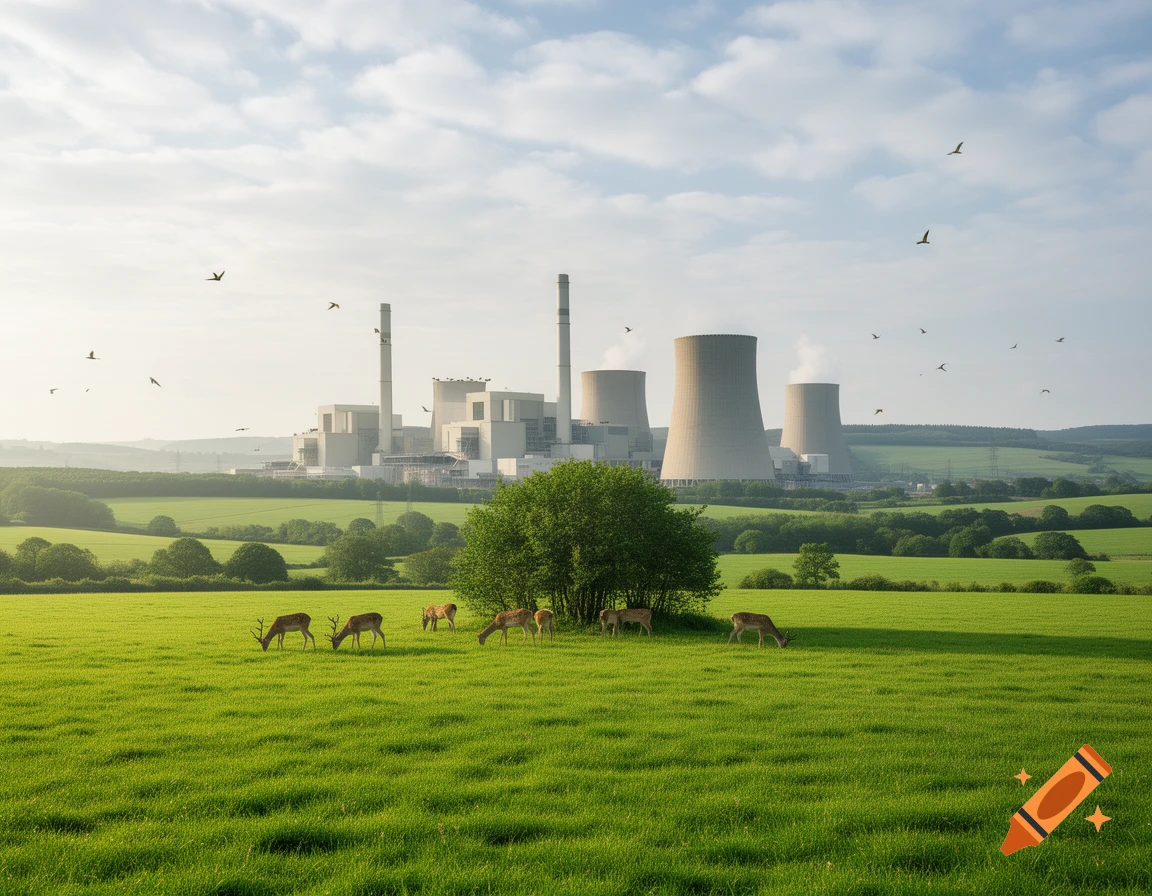 Photorealistic image of deer grazing in a vibrant green field with a large industrial power plant in the background under a partly cloudy sky.