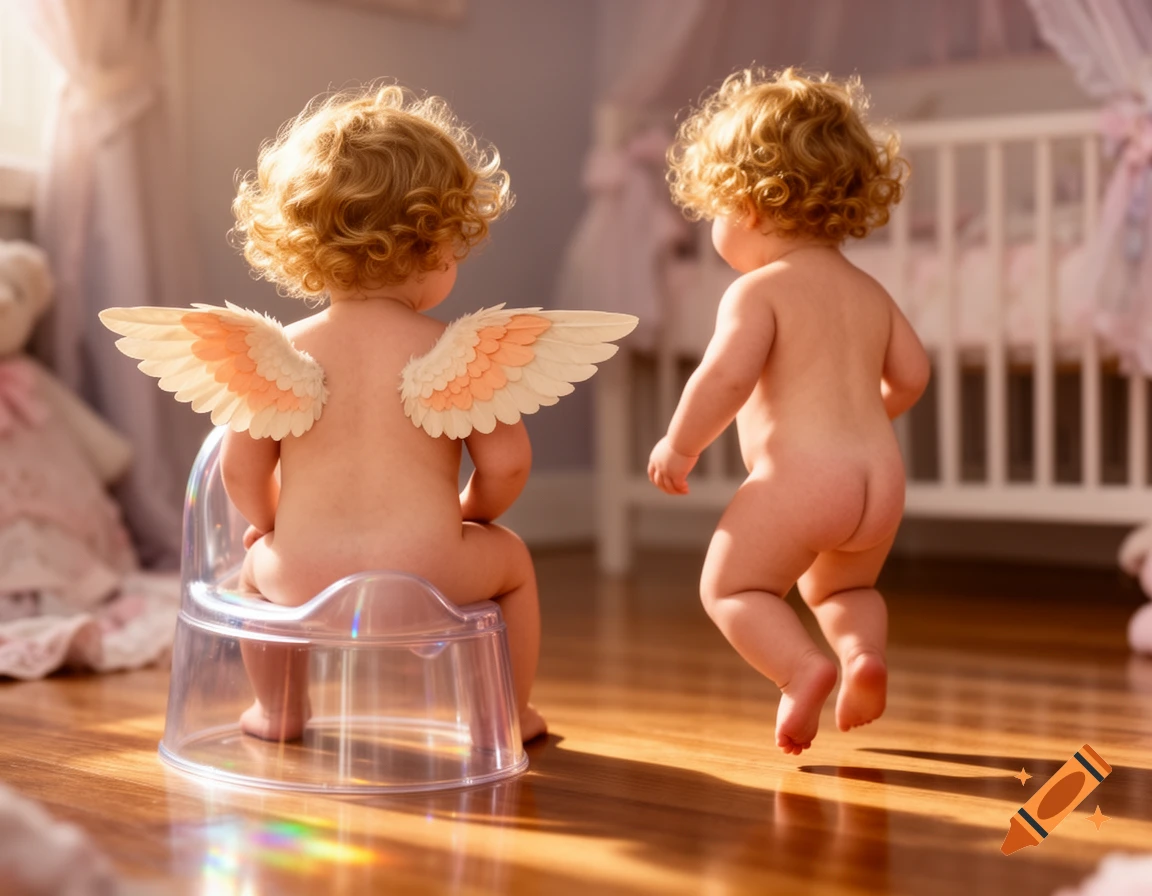 Two nude cherub babies seen from behind in a sunlit room; one sits on a clear potty chair with small wings, the other runs.