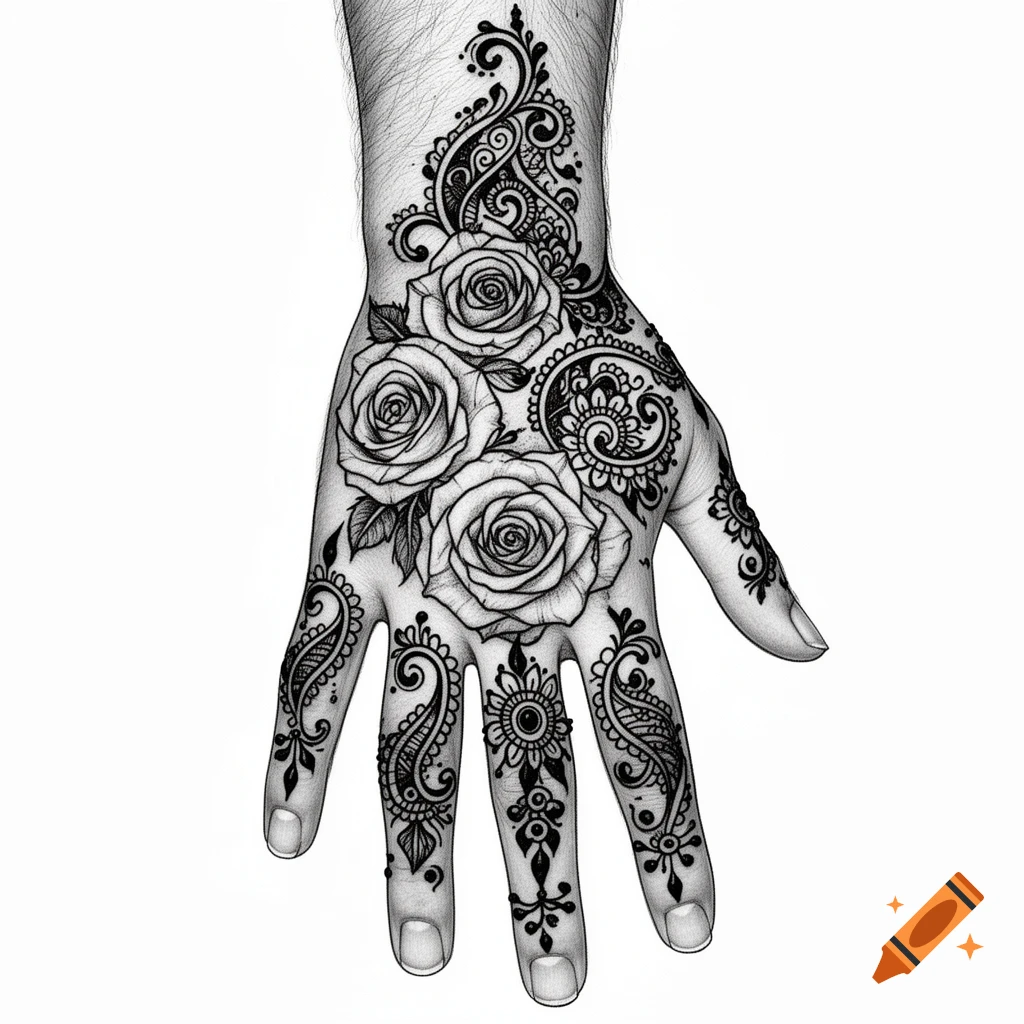A black and white drawing of a hand adorned with intricate henna-style patterns featuring three detailed roses and traditional motifs.