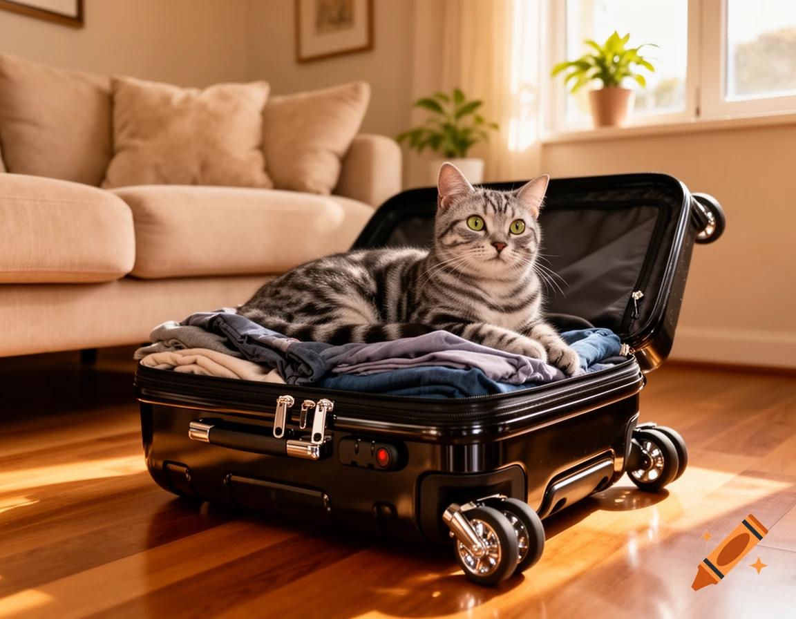 A photorealistic tabby cat with green eyes lies comfortably in an open black suitcase filled with clothes on a wooden floor.