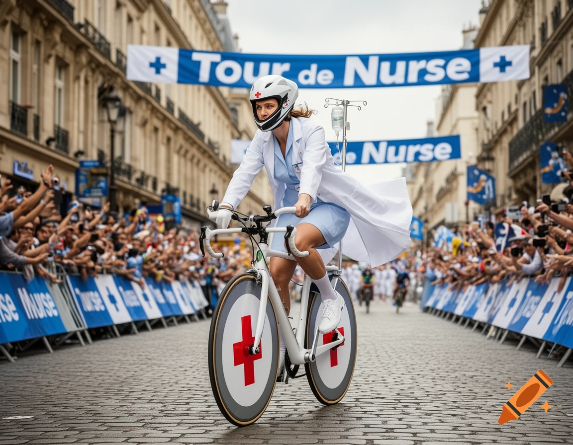 A woman in a nurse's uniform and helmet cycles down a city street lined with cheering spectators and "Tour de Nurse" banners. Photorealistic.