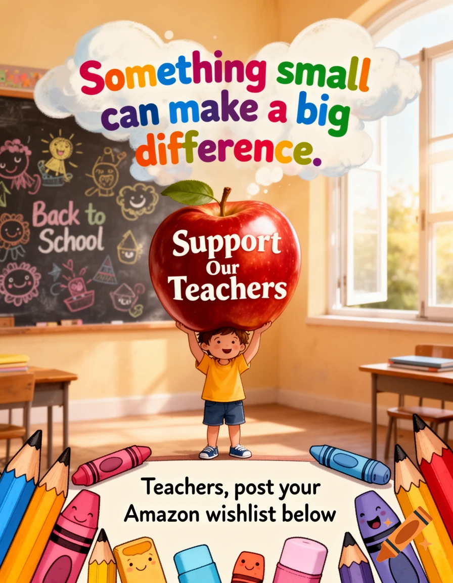 A colorful cartoon flyer depicting a child holding a giant red apple in a classroom. Text reads, "Something small can make a big difference. Support Our Teachers. Teachers, post your Amazon wishlist below." Crayons and pencils are at the bottom.