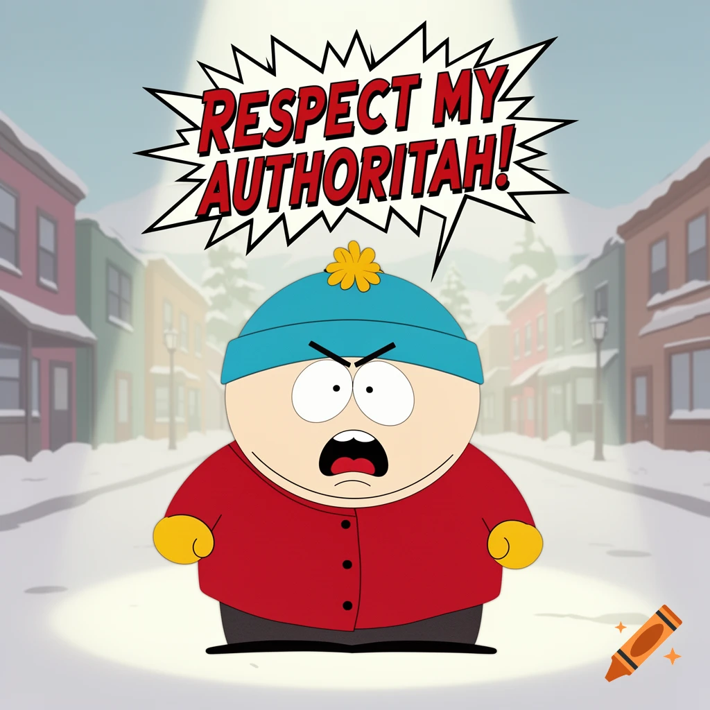 Eric Cartman from South Park yelling "Respect my authoritah!" in a snowy street under a spotlight.
