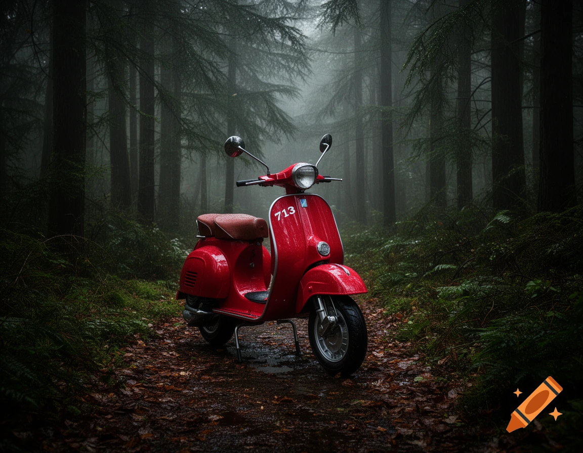 A bright red vintage scooter with the number 713 on its side, parked on a damp path in a misty, dark forest.