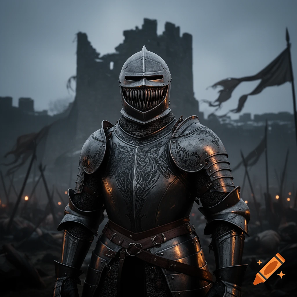 A knight in ornate plate armor with a helmet featuring razor-sharp teeth, stands on a dark battlefield before a ruined castle.