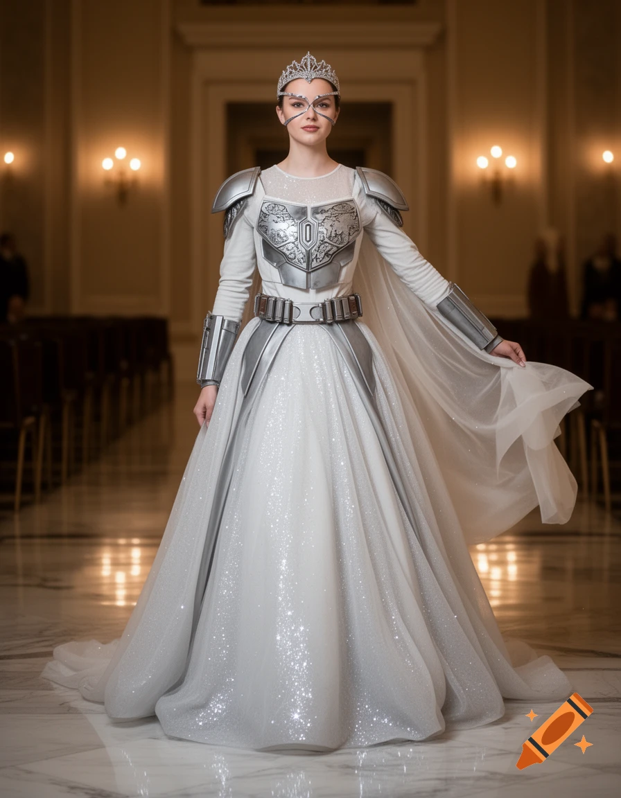 Young woman in a sparkling white Mandalorian-themed wedding dress with silver armor and a crown, standing in an elegant hall.