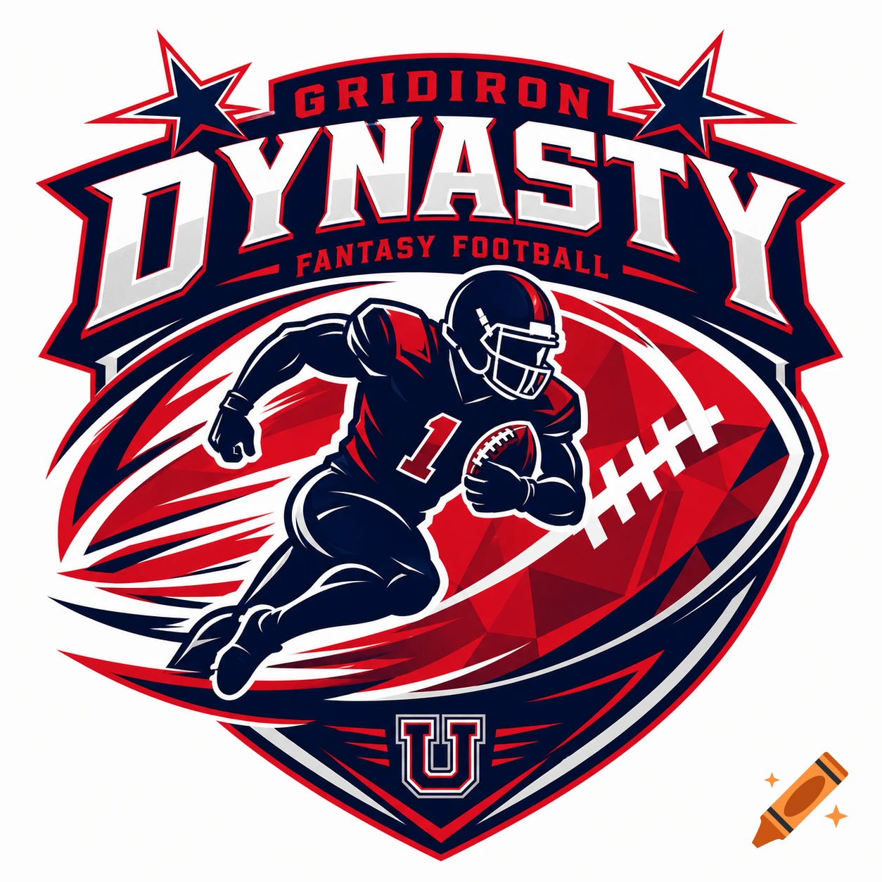 A navy blue, red, and white logo featuring a football player running with the ball, text 'GRIDIRON DYNASTY FANTASY FOOTBALL'.