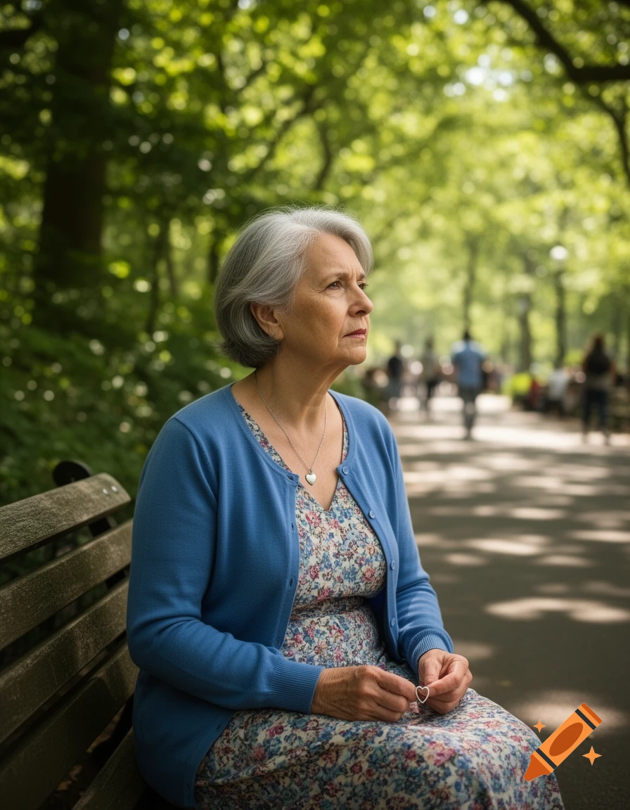 An elderly woman with gray hair sits thoughtfully on a park bench, wearing a floral dress and blue cardigan, amidst blurred green trees.