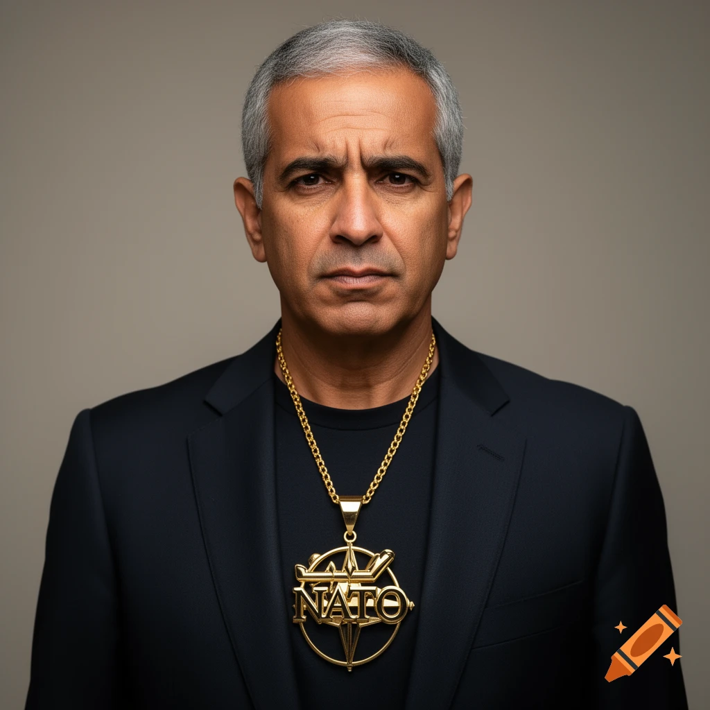 Photorealistic portrait of a man with gray hair wearing a black suit and a large gold NATO pendant.