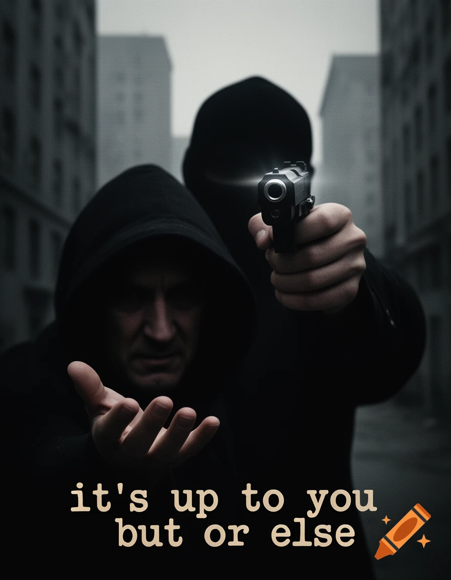 Two hooded figures in a gritty cityscape, one points a gun at the viewer, the other extends an open hand with text "it's up to you but or else" below.
