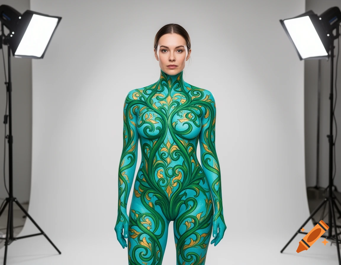 A photorealistic studio portrait of a woman covered in intricate green and gold body paint, standing between two bright studio lights.