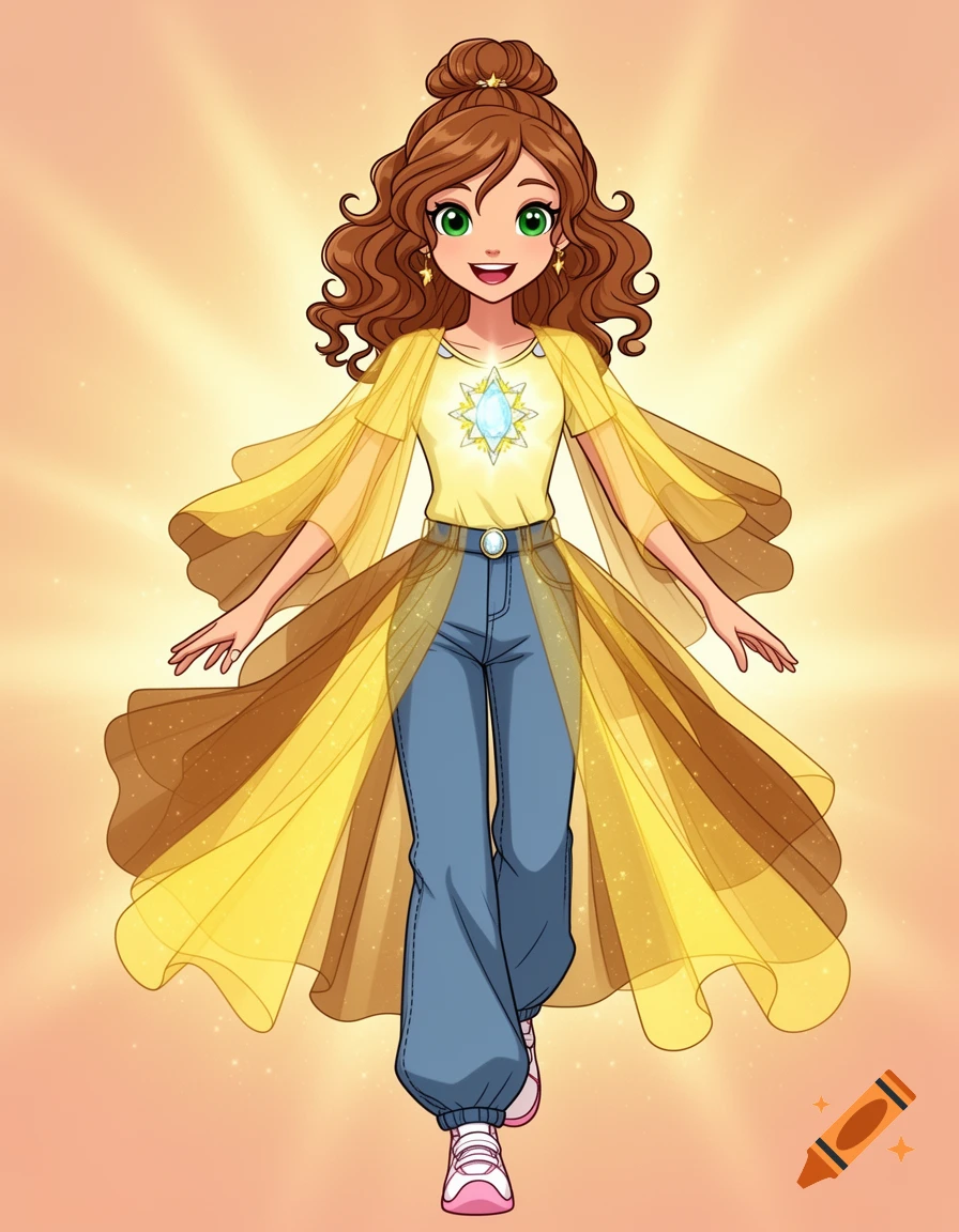 A cartoon girl with brown curly hair and green eyes, wearing a yellow top with a gem, blue baggy jeans, and a flowing yellow cape, in anime style.