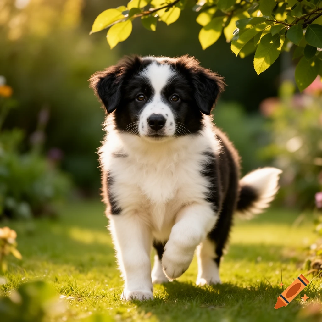 A fluffy black and white Border Collie puppy walks forward on green grass in a sunny garden, looking at the viewer.