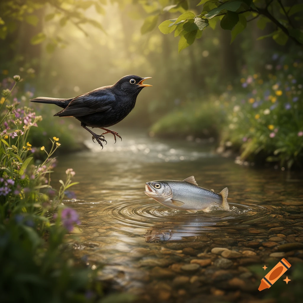 Photorealistic image of a black bird hovering over a forest stream, looking at a fish jumping out of the water.