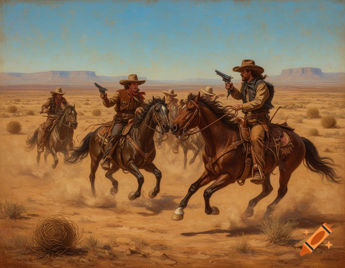 An old painting shows cowboys on horseback in a desert gunfight, galloping through dust with pistols raised.