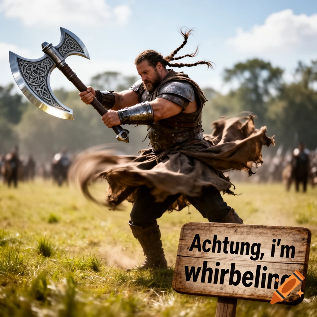 A muscular warrior with an axe spins on a grassy battlefield. A sign in the foreground says 'Achtung, i'm whirbeling'.
