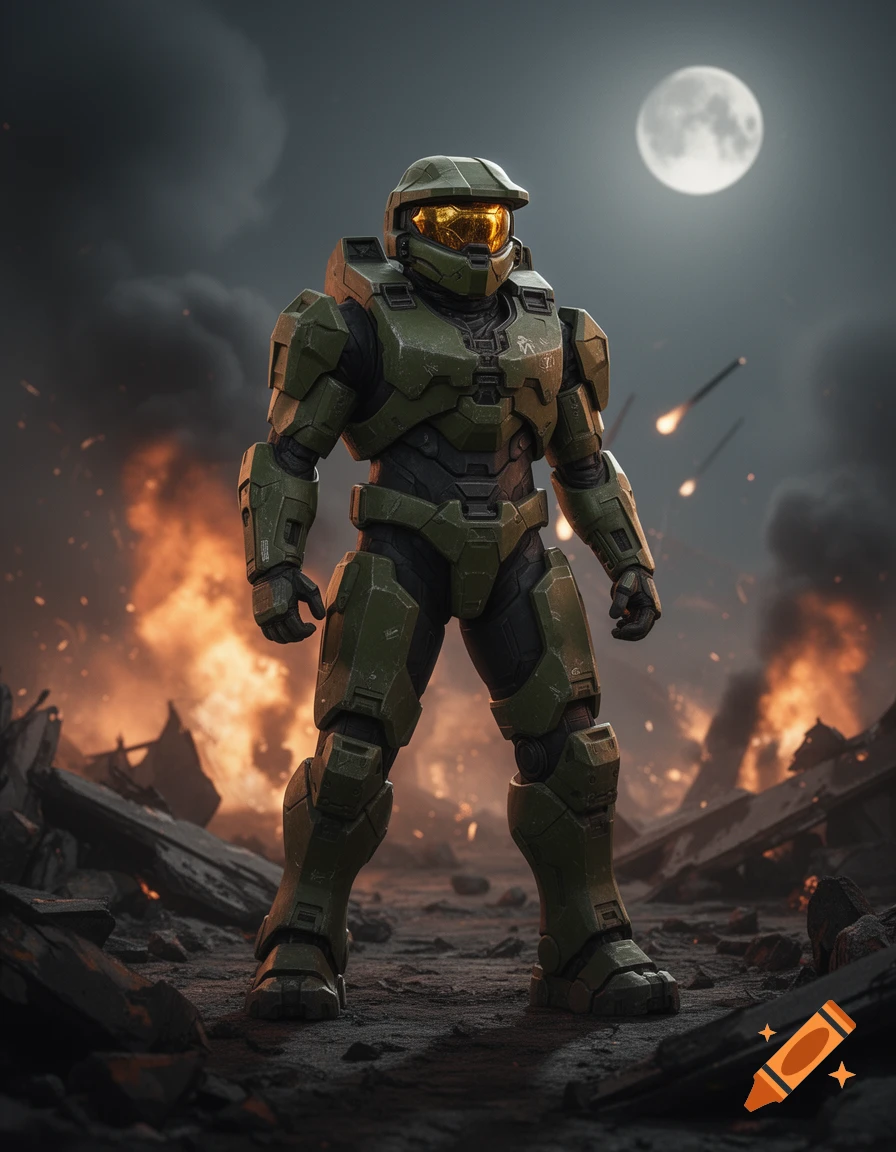 Master Chief in green armor stands amidst explosions and smoke under a full moon in a war-torn landscape, photorealistic.