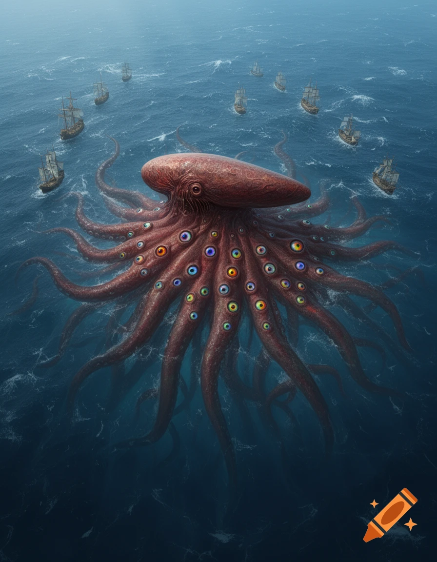 A colossal red octopus-like sea monster with many colorful eyes surfaces in a blue ocean, surrounded by several small sailing ships under a cloudy sky.