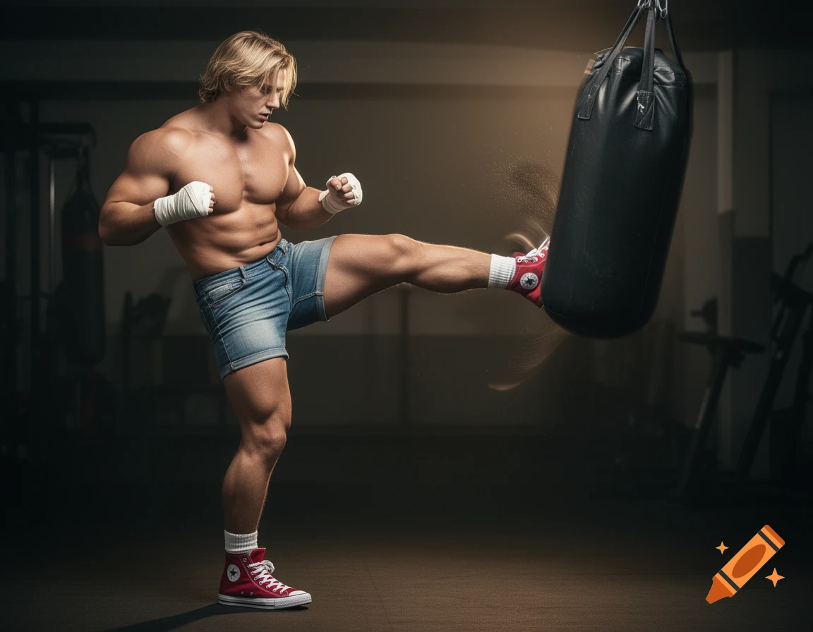 A muscular, blonde man in denim shorts and red sneakers kicks a punching bag in a dimly lit gym, photorealistic style.