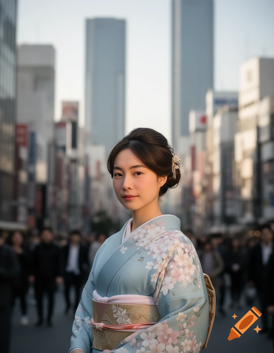 A Japanese woman in a light blue kimono with cherry blossoms stands on a city street.