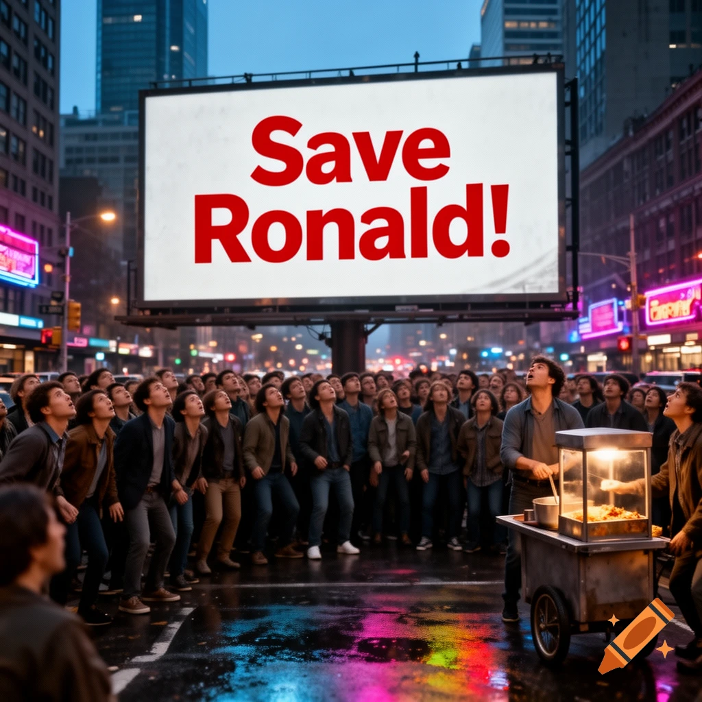 A large crowd of people on a wet city street at night look up at a billboard displaying 'Save Ronald!' in red text.