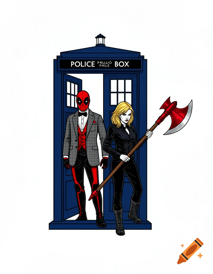 Comic art of Deadpool in a suit and a blonde woman with an axe standing in front of a blue British police box.