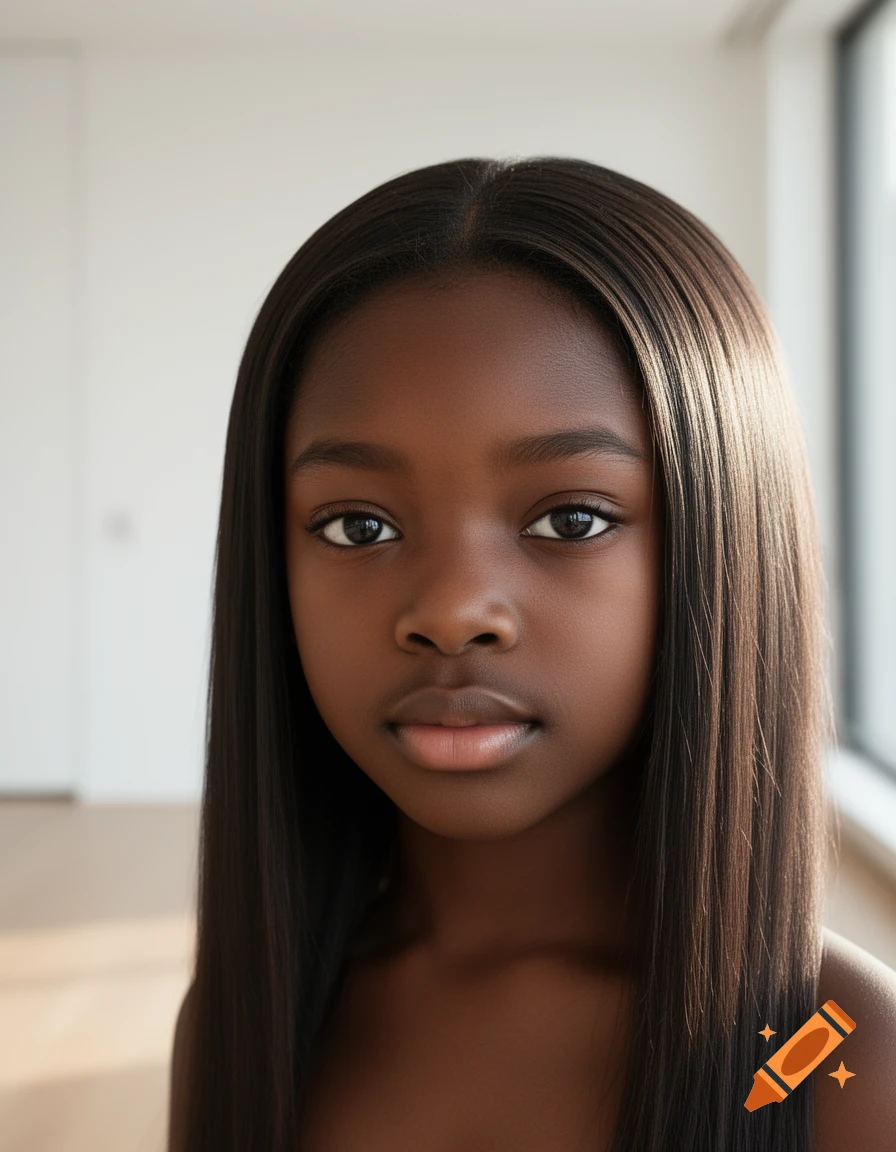 Photorealistic portrait of a young Black girl with long, straight hair looking directly at the viewer.