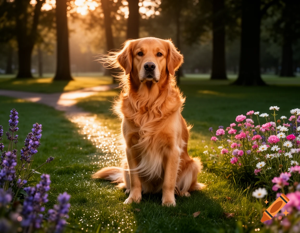 A Golden Retriever sits in a sunlit park field among purple and pink flowers, with trees in the background.