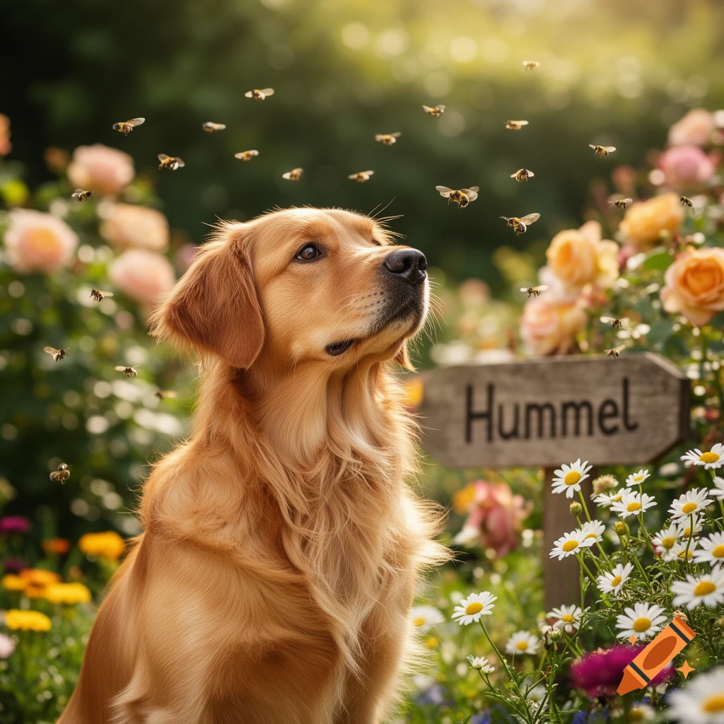 A golden retriever dog sits in a sunny garden, looking up at bees flying amidst blooming flowers and a 'Hummel' sign.