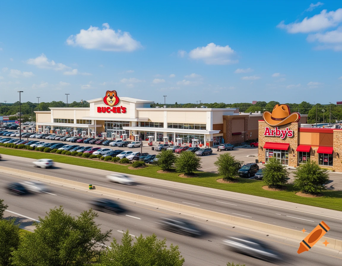 Aerial view of a Buc-ee's and Arby's, two large commercial buildings, next to a highway with blurred cars under a blue sky.