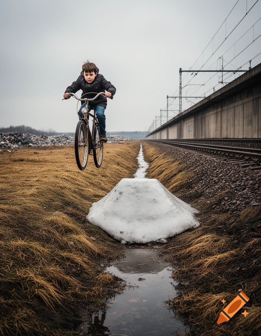 A young boy on a bike jumps over a snow ramp in a ditch next to train tracks and a landfill under a grey sky.