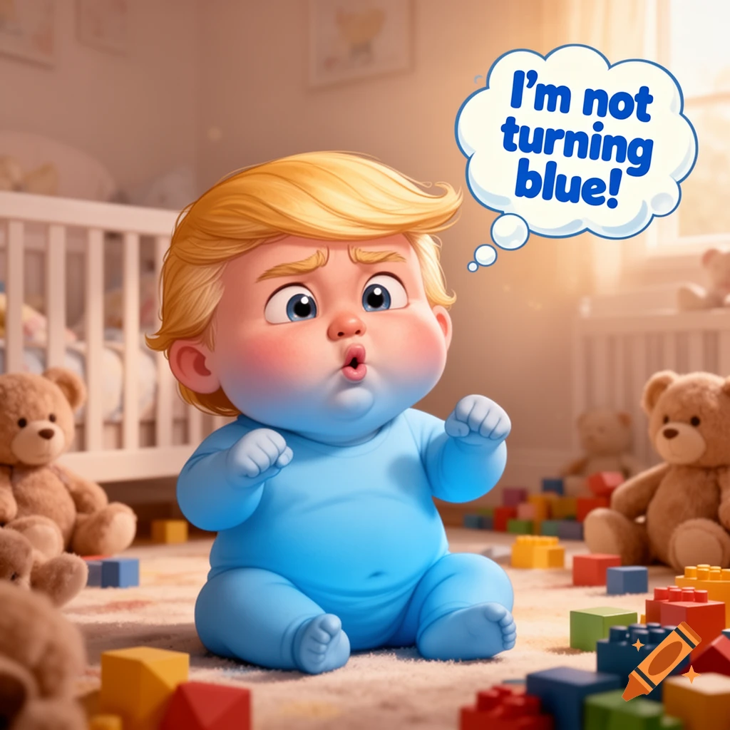 A cartoon baby with blonde hair and a blue outfit sits on a rug in a nursery, thinking 'I'm not turning blue!'