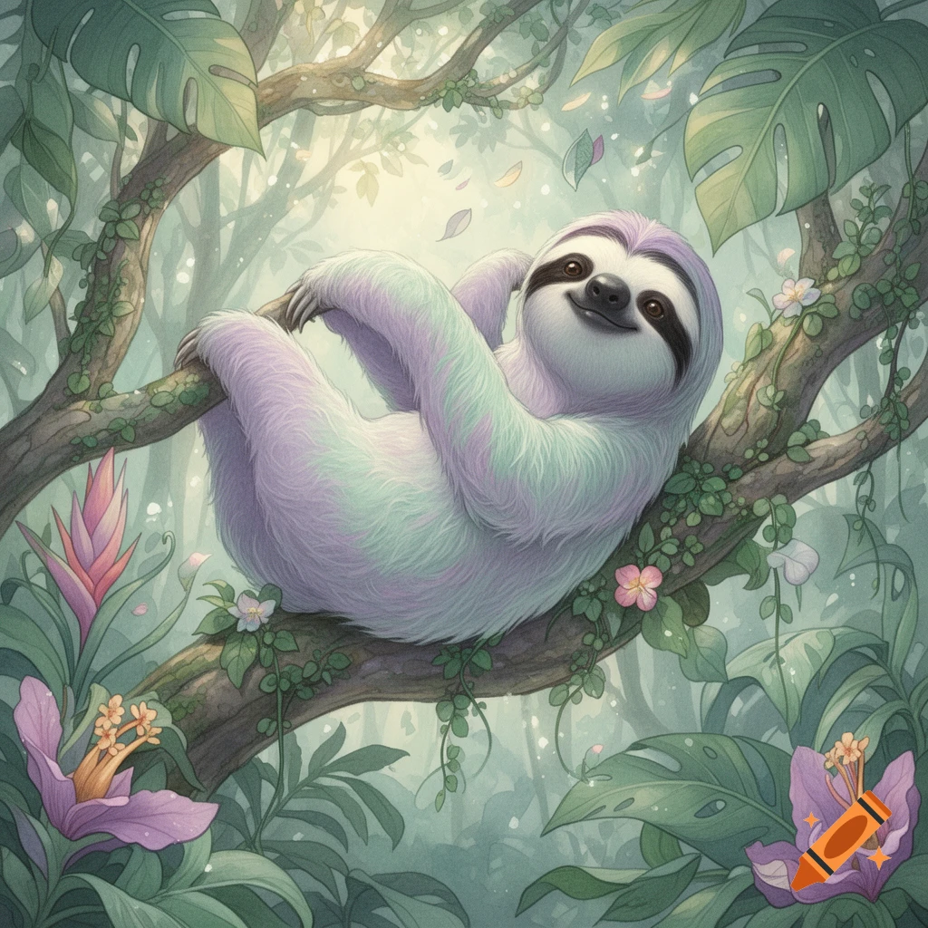 A happy cartoon sloth with purple and mint green fur lounges on a tree branch in a lush tropical jungle.