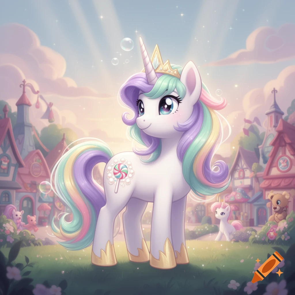 A cartoon unicorn with a rainbow mane, gold crown, and lollipop cutie mark stands in a pastel whimsical town.