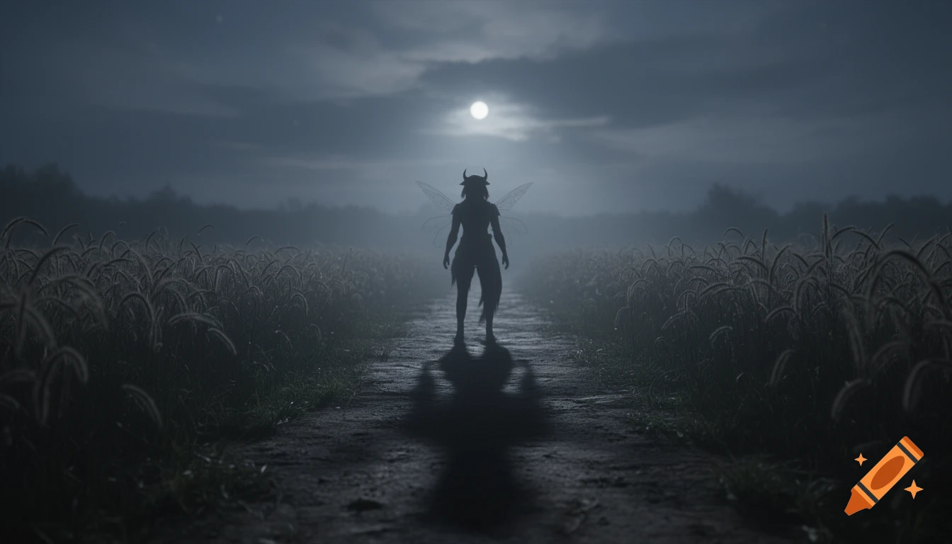 An eerie, mystic silhouette of a horned, winged creature stands on a path in a foggy field under a full moon.