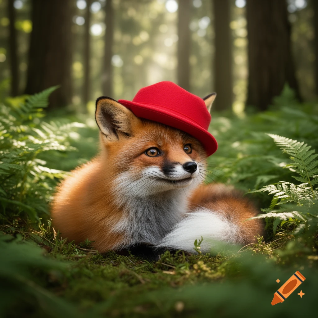 A cute red fox with a red hat sits in a forest amidst green ferns, looking up with big eyes.