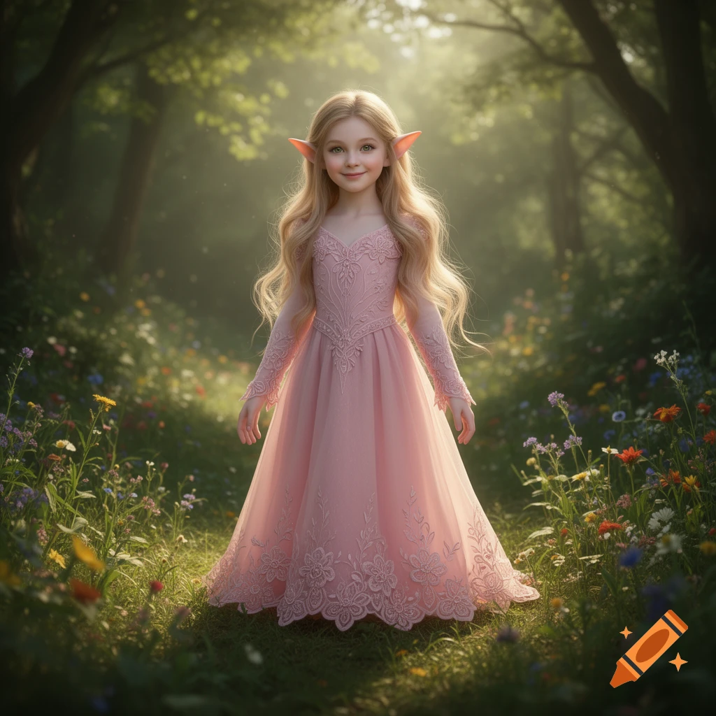 A young, smiling elf girl with long blonde hair and pointed ears wears a lacy pink dress in an enchanted forest filled with wildflowers.