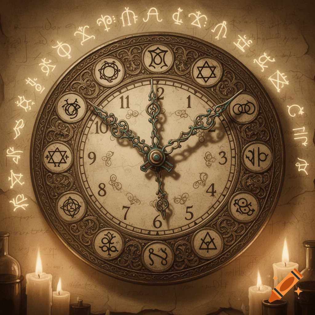 An antique clock with ornate hands and a decorative face featuring numbers and mysterious alchemical symbols, surrounded by glowing symbols and flickering candles, set in a sepia-toned alchemical art style.