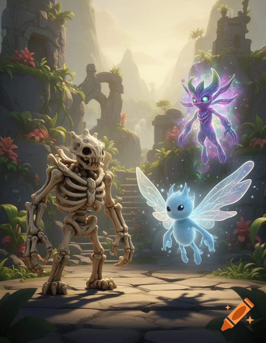 A stylized skeleton monster stands on stone steps in ancient ruins with two glowing fairy-like creatures flying above.