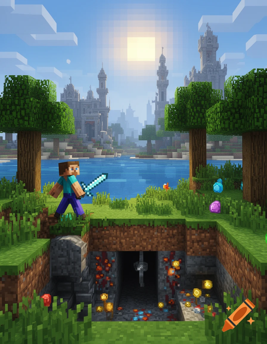A pixelated Minecraft scene showing Steve with a diamond sword, standing by a cave entrance filled with glowing ores, with a lake and castles in the background.