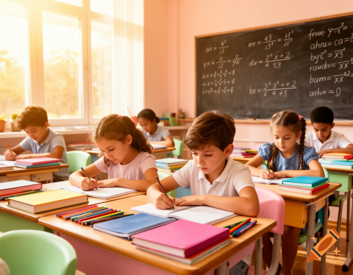 Elementary school students sit at desks, writing in notebooks in a sunlit classroom with a blackboard of equations.