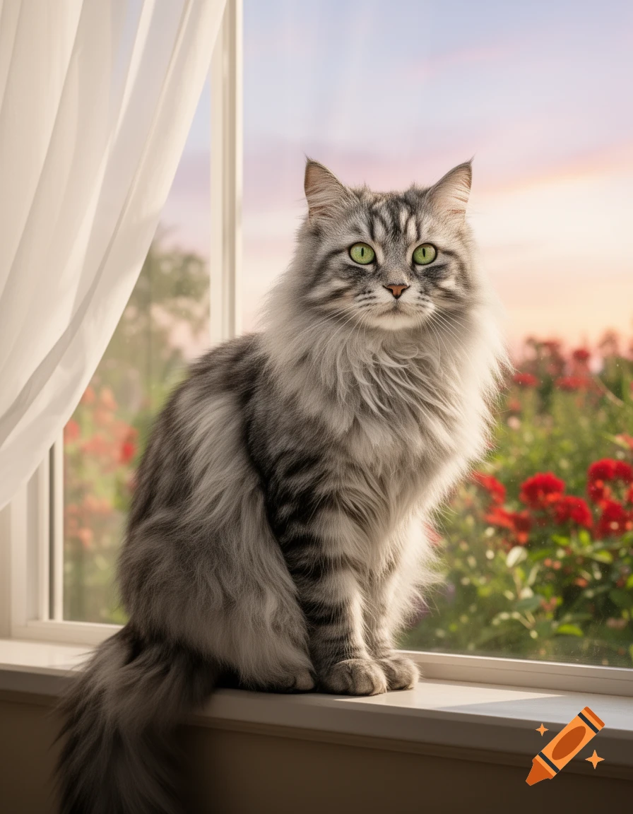 A fluffy grey tabby cat with green eyes sits on a windowsill, overlooking a garden with red flowers at sunset.